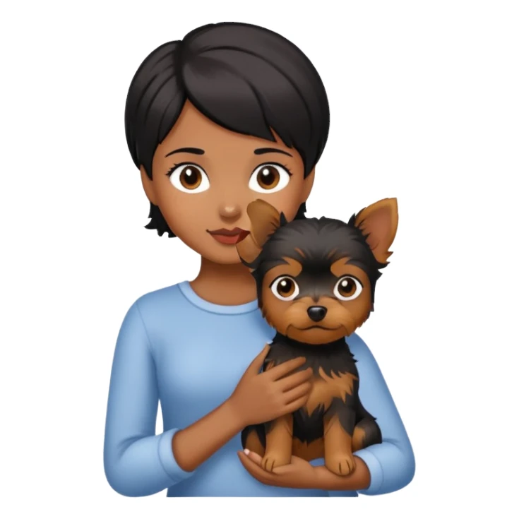 A black short-haired girl holding a Yorkshire Terrier sticker
