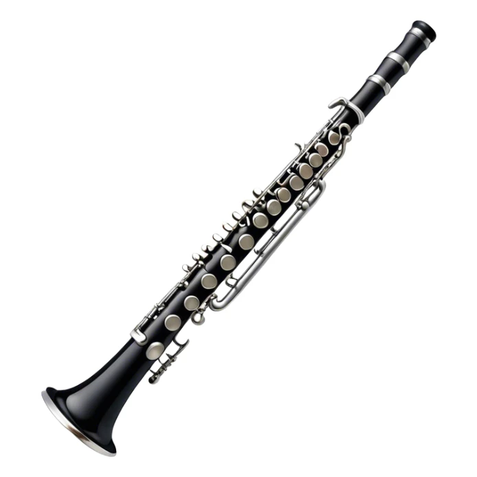 Cinematic Realistic Clarinet, deep black body with gleaming silver keys, rich warm lighting catching every intricate detail, slightly worn mouthpiece adding authenticity, glowing with a timeless and sophisticated presence. sticker
