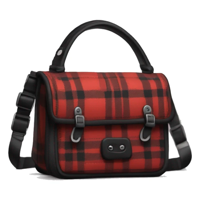 red plaid shoulder bag with black buttons and black straps and tiny black rims tones and a mini black bow on one strap sticker