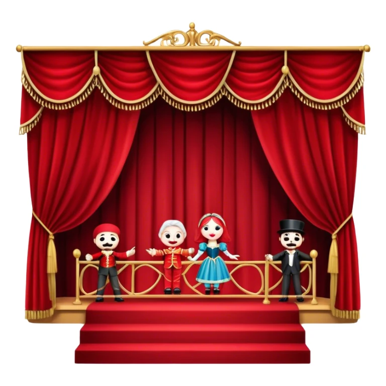 Icon for Puppet Theater: a puppet stage with curtains and marionettes performing on stage. The icon should represent the charm and artistry of puppet theater, with focus on the puppet and the stage setting. Transparent background. sticker