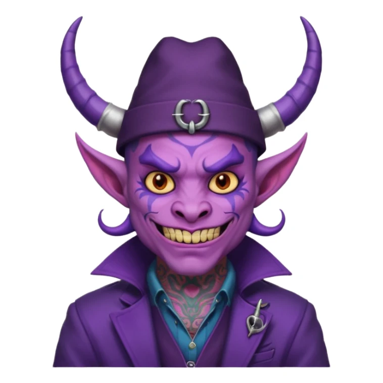 purple demon with tattoos, hat, jacket and horns sticker