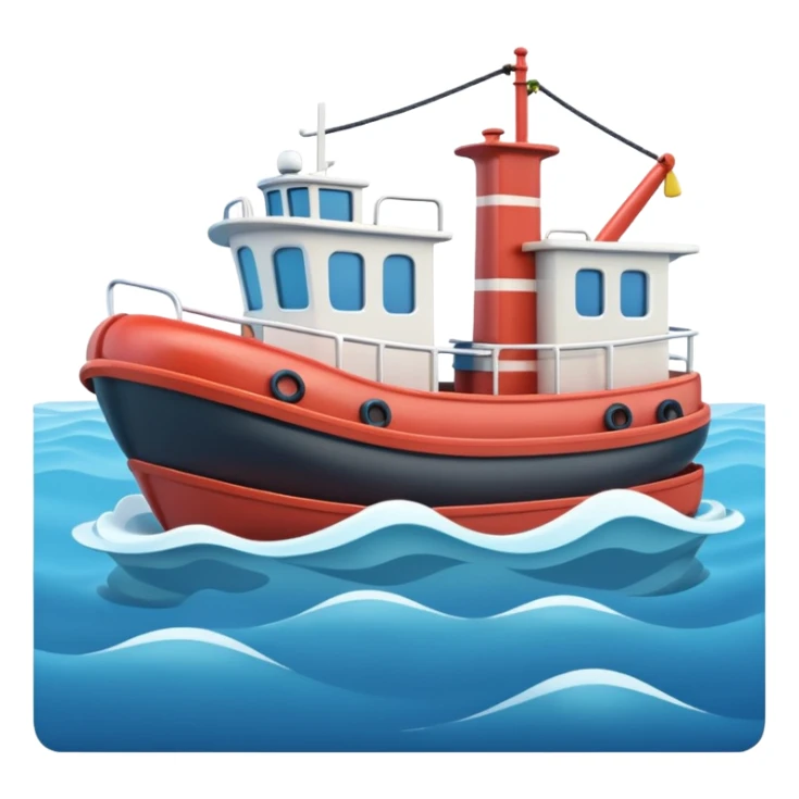 A 3D cartoon tugboat towing another boat on calm blue water, soft waves, clear sky, Memoji-style. sticker