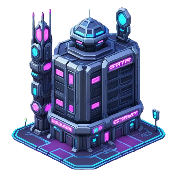 StarCraft-inspired, sci-fi, isometric RTS, cyberpunk building, neon lights, rugged terrain sticker