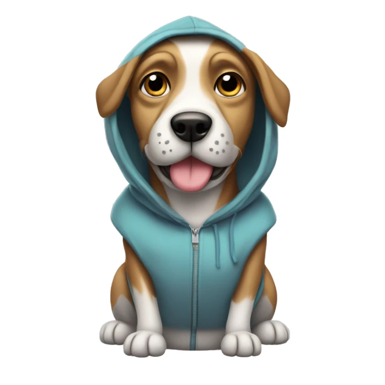 Dog wearing hoodie with Protien shake sticker