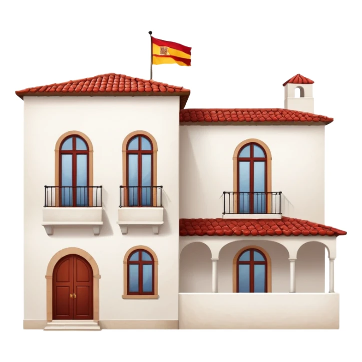 White stucco Spanish villa with red clay tile roof, arched windows, with Spanish flag (red-yellow-red horizontal stripes) hanging from the balcony sticker
