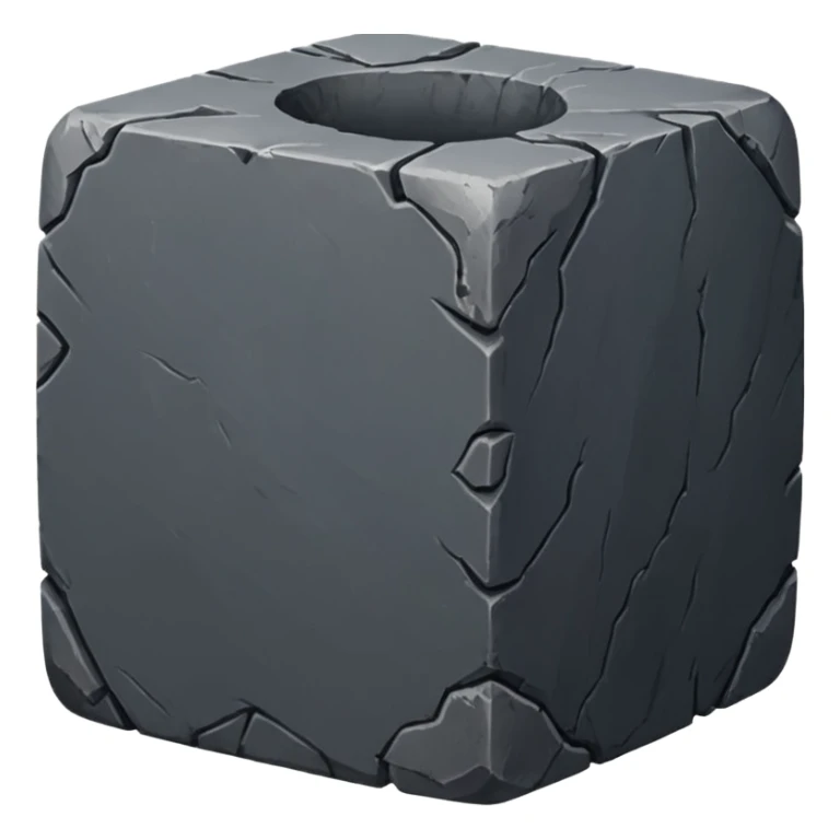 Create a dark gray stone cube, worn and weathered, with rounded and smoothed edges, realistic texture, and subtle imperfections sticker