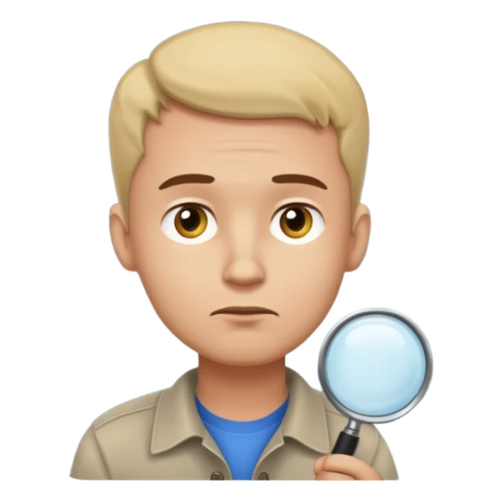 Realistic emoji-style man in simple everyday clothes, looking thoughtful and analytical. A thought bubble above his head shows a critical-thinking icon (question mark + magnifying glass). Soft lighting, expressive critical facial expression. sticker