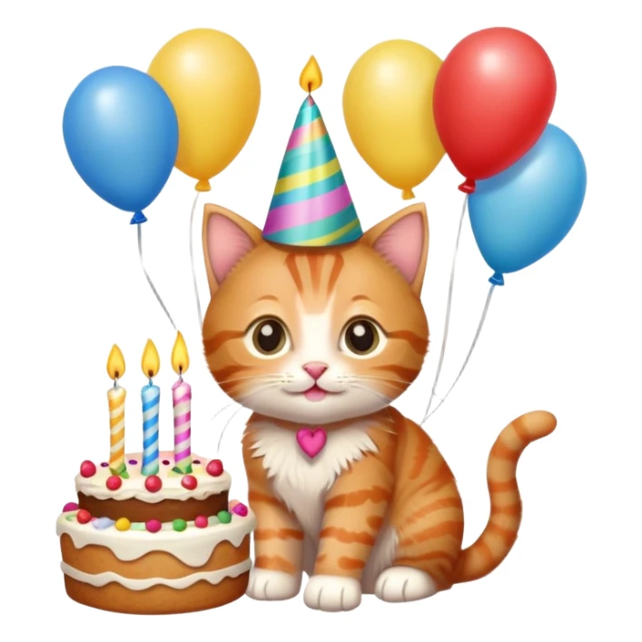 Ginger tabby kitten celebrates birthday, birthday hat, birthday cake, one candle, balloons, happy, gifts sticker