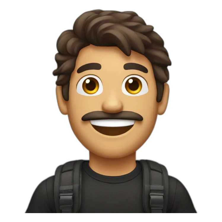 A stereotypical Portuguese young man waving with a big smile, a mustache, a bit of beard on the chin and a brown mullet (shaved on the sides), wearing a black t-shirt and a chest bag sticker