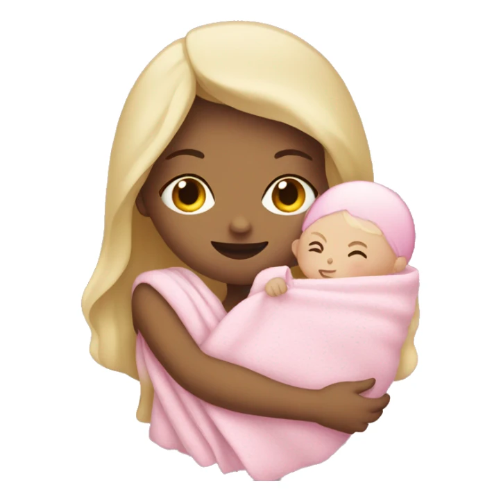 Woman with pale complexion holding a baby with a pink blanket sticker