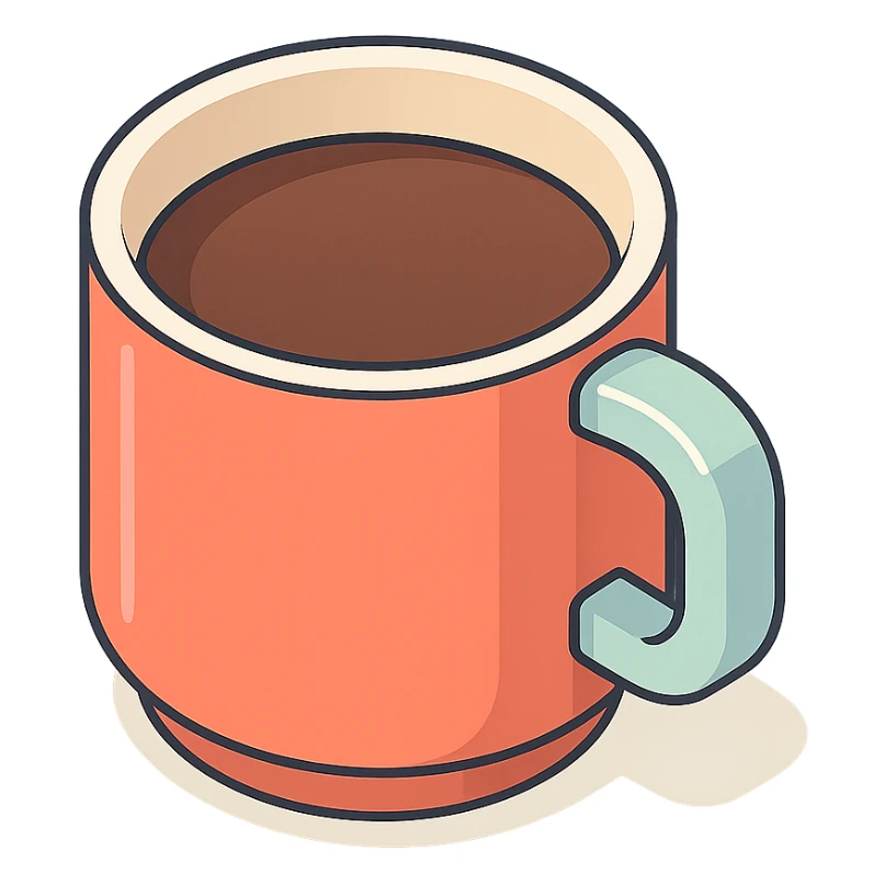 top view of a coffee mug, 2D isometric style, soft rounded shapes, clean contours, pastel palette, detailed shadows and highlights, modern illustration, transparent background sticker