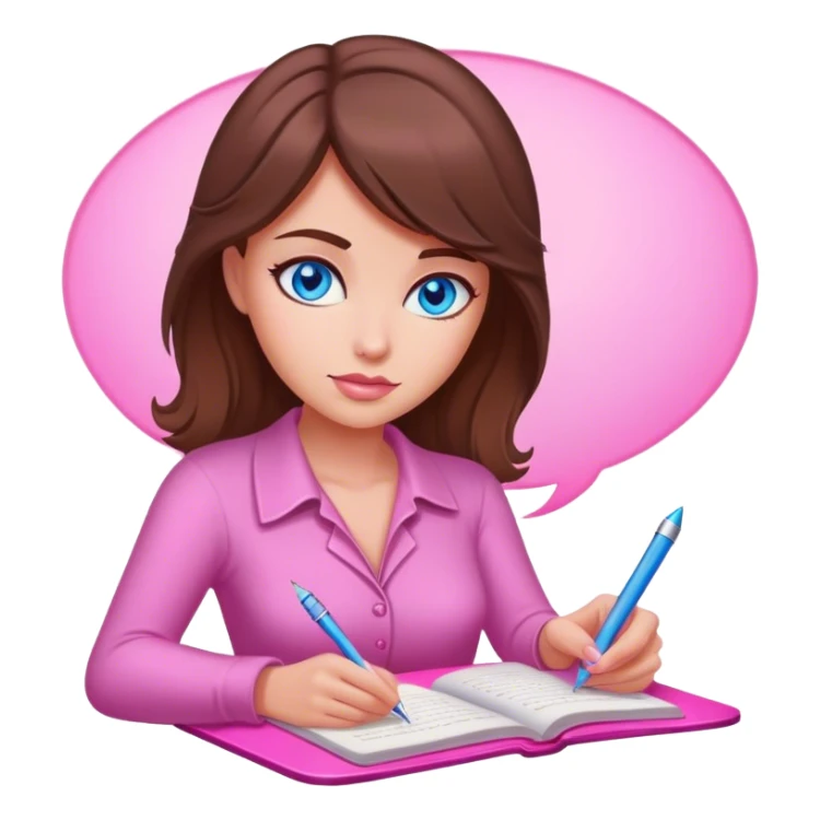 brown-haired, blue-eyed female writer writing a romance novel pink light sticker