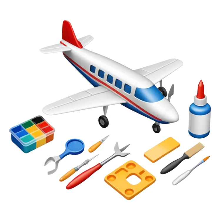 photorealistic icon featuring model-building tools like glue, paint, paintbrushes, pieces of a plastic model airplane in the process of being assembled. The design includes detailed textures of the model pieces and tools, capturing the focus and creativity of model building. Transparent background. sticker