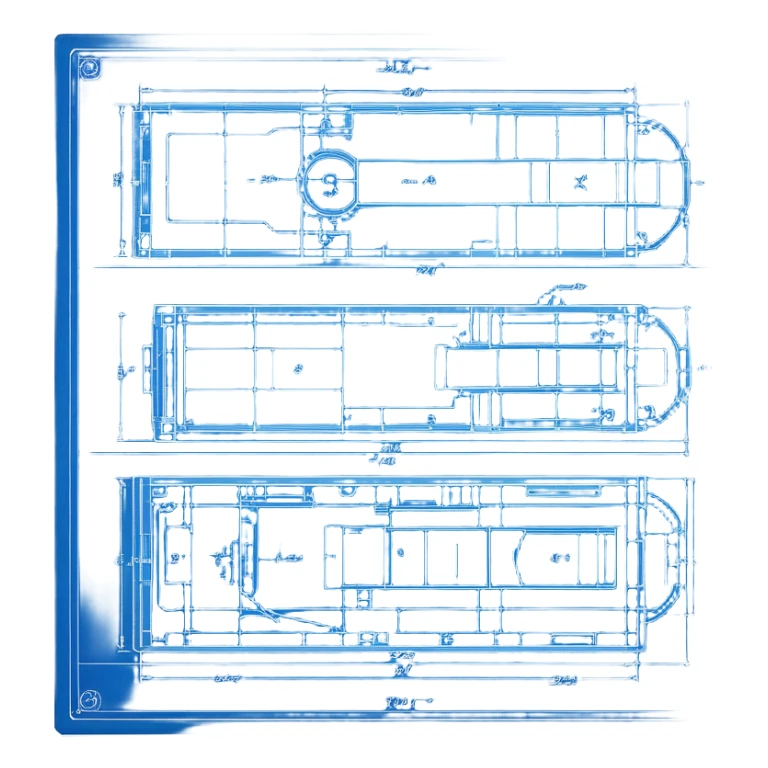 blue blueprint plan with white lines, side and top view combined sticker