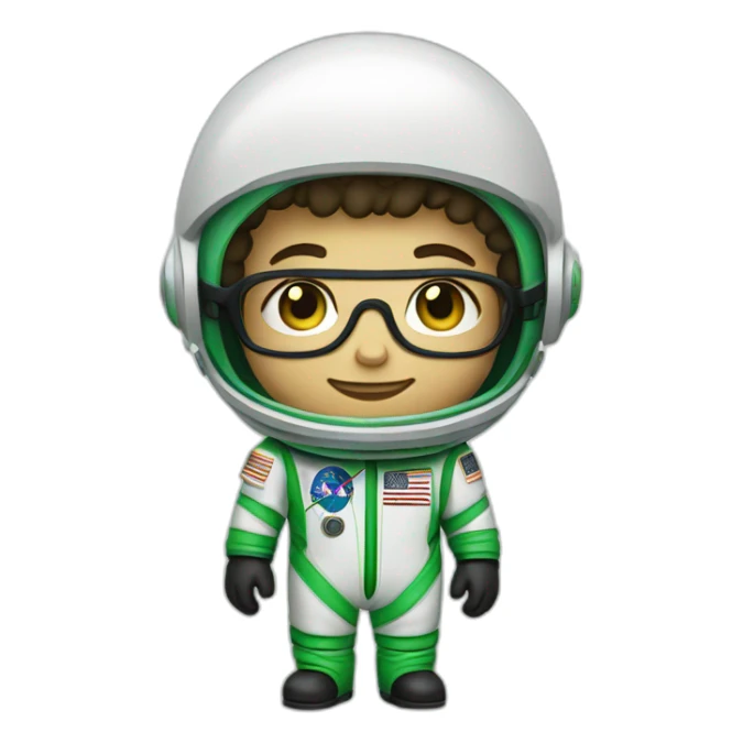 Light skinned Boy with black short curly hear and beard and glasses wearing a green and white astronaut suit sticker