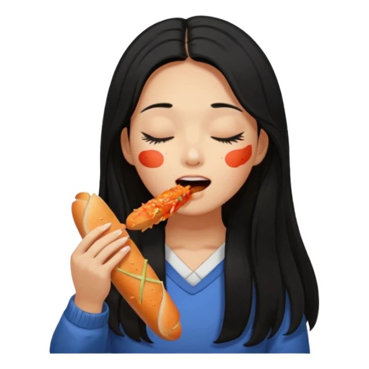 Girl black long hair eat kimchi close eyes baguette sticker