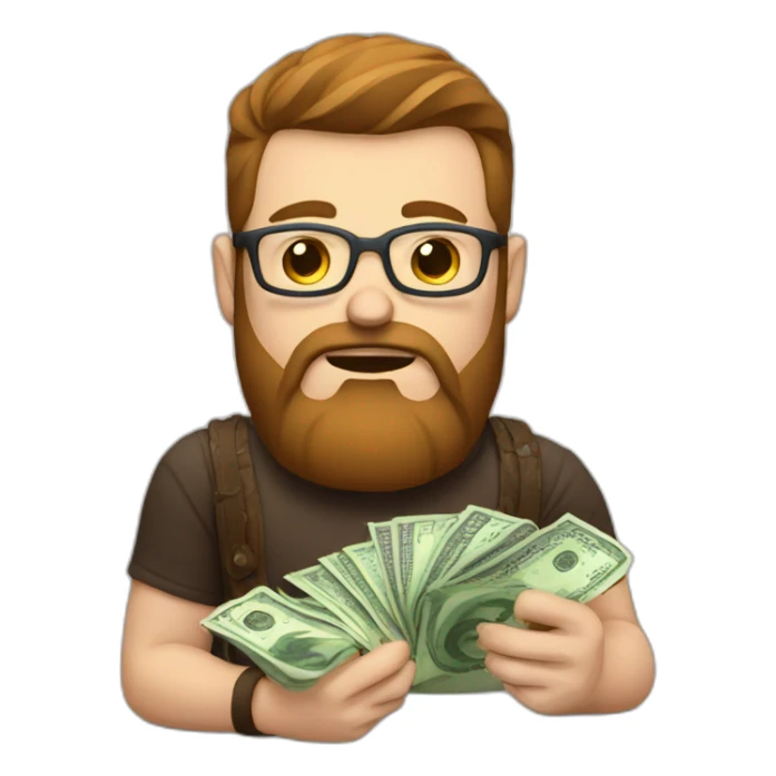 A programmer wrestling a currency problem with brown hair and a brown beard sticker