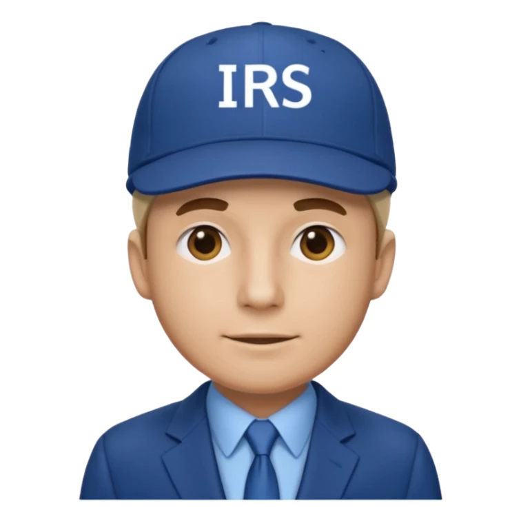a man dressed in a blue suit with a cap on that says IRS sticker