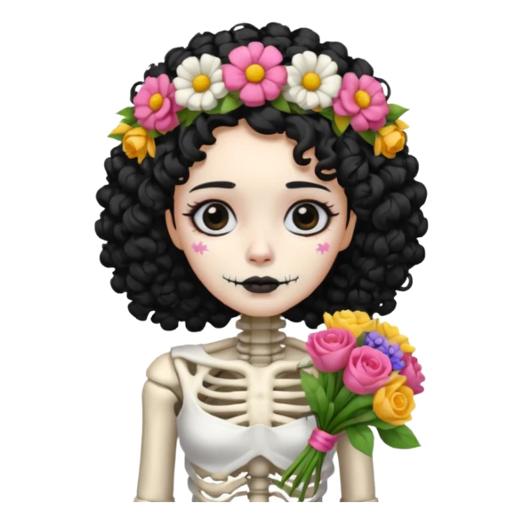 Skeleton with Flower Crown, curley hair black, with flower bouquet sticker