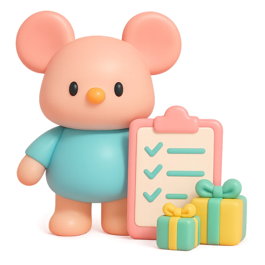 mouse with checklist and mini presents in vinyl figure style sticker