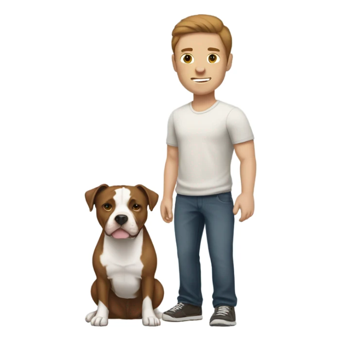 white male with brown hair standing alongside a white and brown pitbull sticker