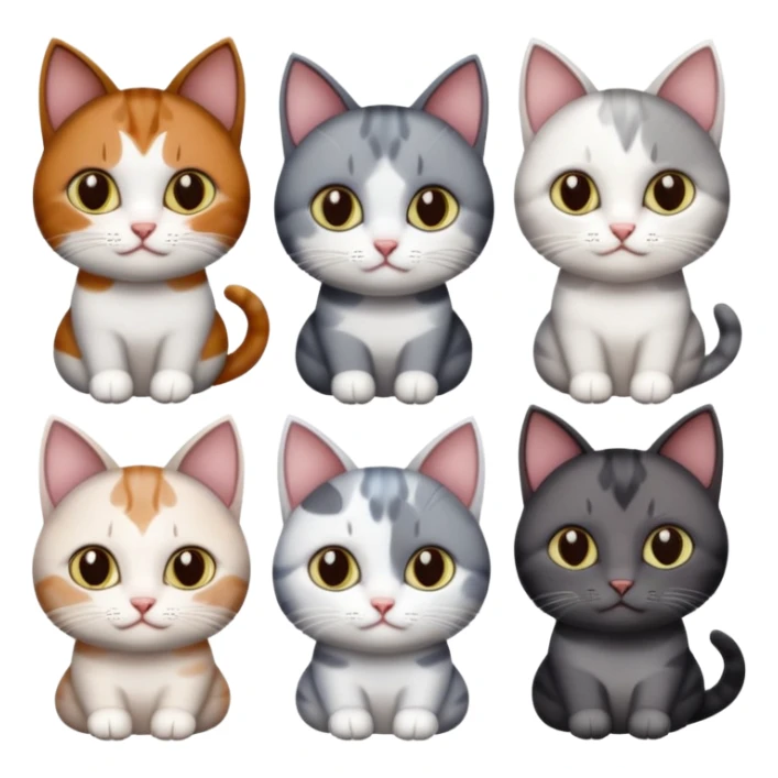 4 different coloured short haired cats including; a dark brown and white cat, and a dark grey and white  sticker