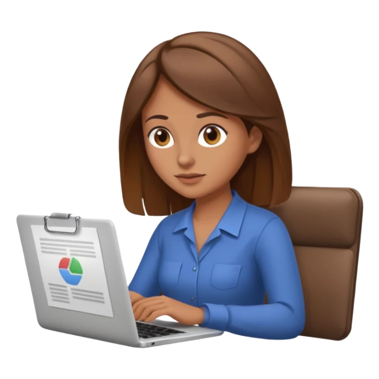 A brown hair woman scrolling, with a laptop open to a work document sticker