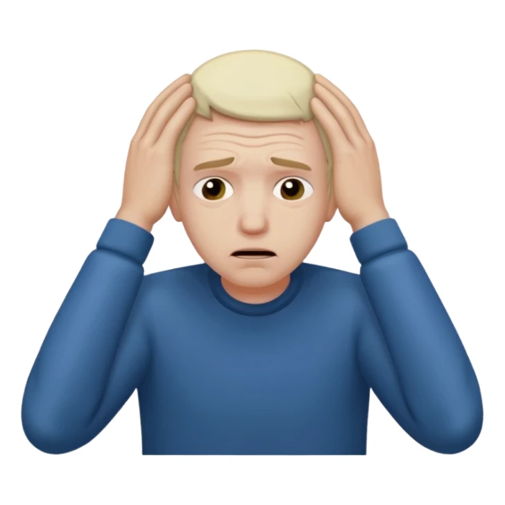 A white man sits at his desk, clutching his head in his hands. sticker