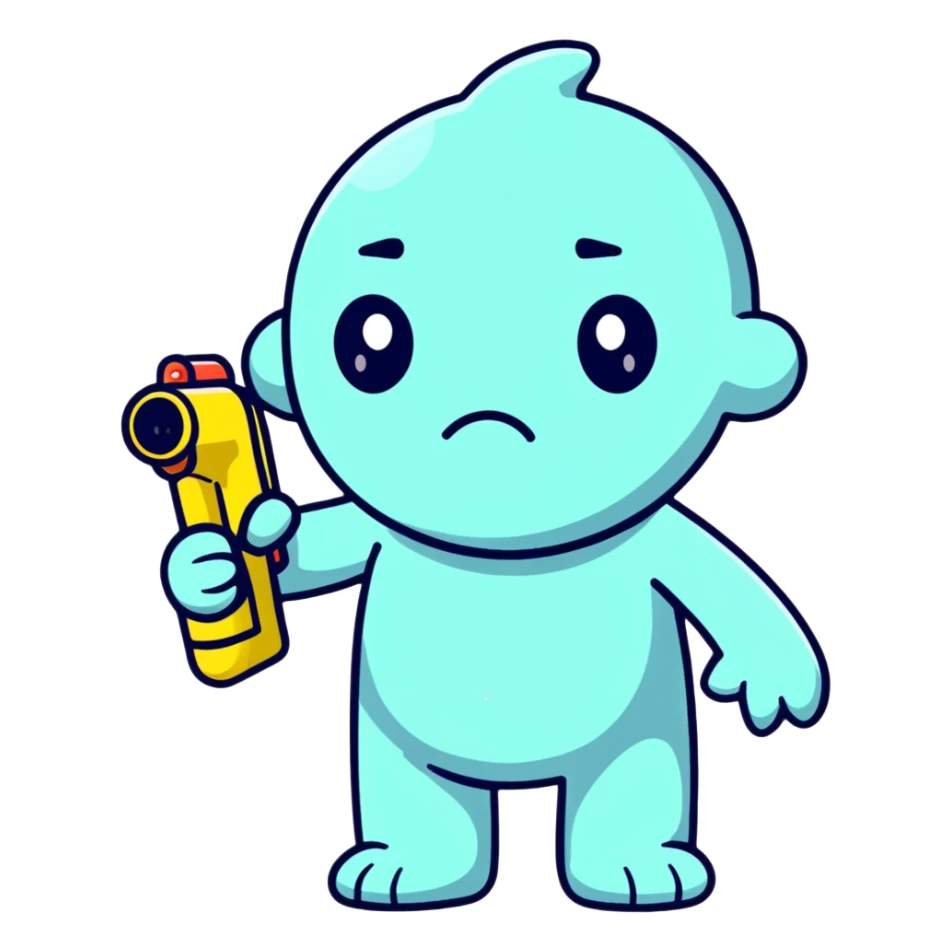 sad face character with water gun pointing directly at its temple sticker