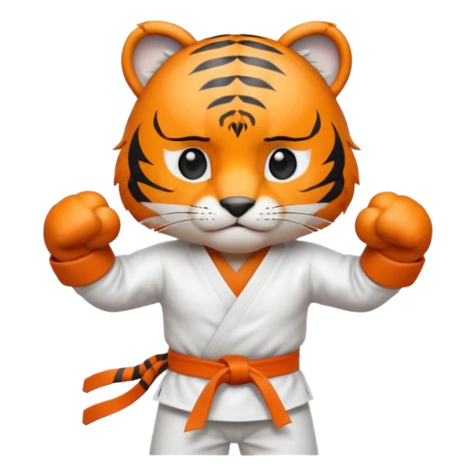 cute tiger doing karate portrait, head and shoulders only, wearing white gi uniform, black belt visible, fierce expression, 3D cartoon, mobile game icon style, clean background, no text, no watermark
 sticker
