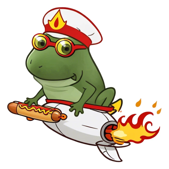 riding a hotdog rocketship, full body, flames coming out the back sticker