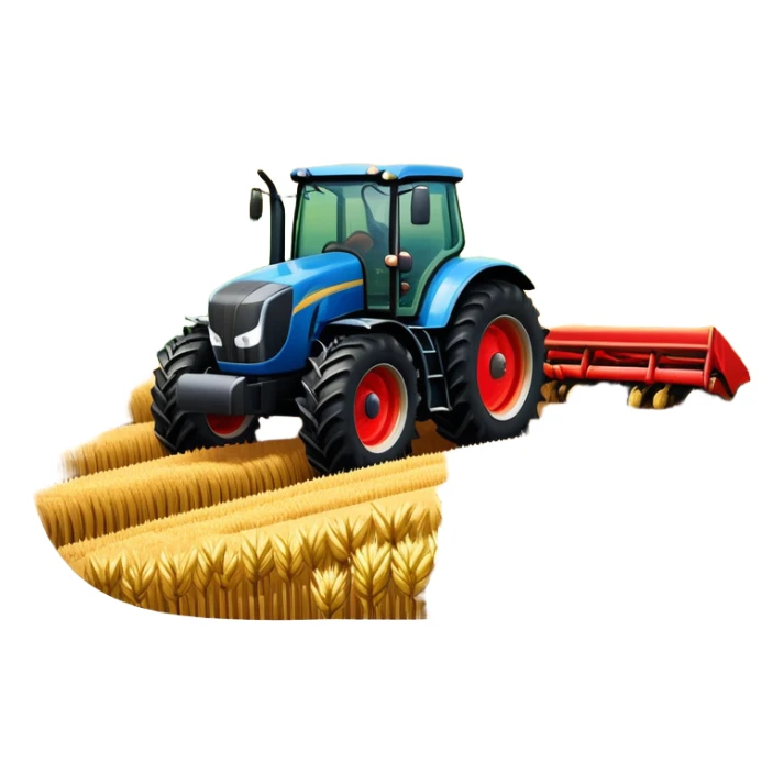 An icon representing a farming simulator, with a detailed tractor plowing fields under a bright sky with rural landscape. The design includes farming tools, crops and barns, symbolizing the immersive experience of managing a farm. Transparent background. sticker