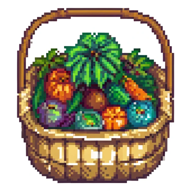 a basket of vegetables, retro and blocky pixel art style sticker
