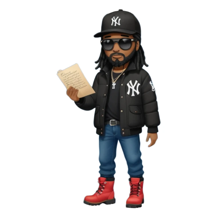 African American man with shoulder length black dreadlocks with black beard wearing black sunglasses wearing a black New York Yankees logo baseball cap wearing a black bubble winter coat with denim skinny jeans and timberland boots writing a letter sticker