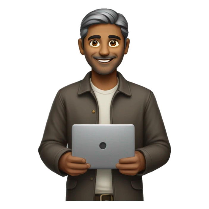 an Indian man with a warm, friendly smile holding a laptop in standing postion.  sticker