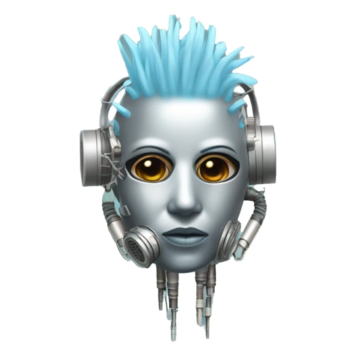 Light blue Mohawk female cyborg head with silver respirator mask and circuits sticker