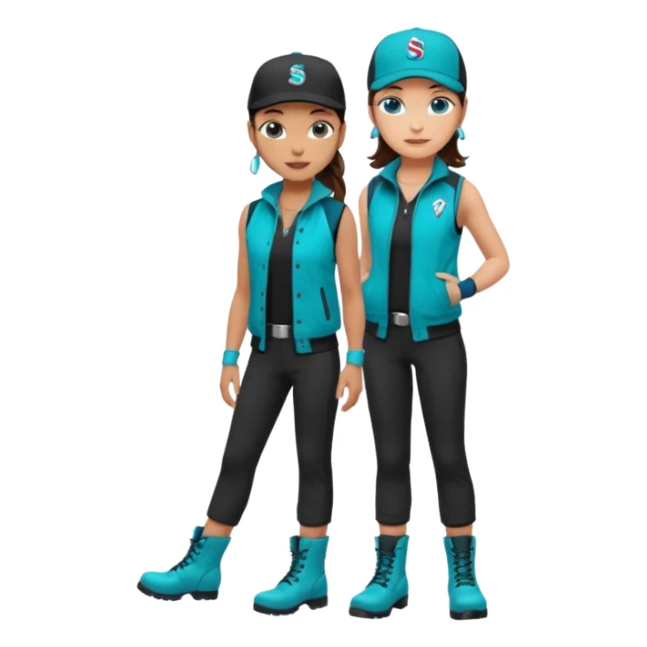 A landscaper in a beautiful turquoise jacket and turquoise boots, black pants, and a black sleeveless shirt. On his head is a black Swissotel baseball cap. The girl is a brunette with blue eyes. sticker