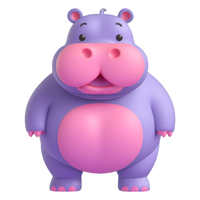 3D emoji style hippo, full body, standing, simple and cute, round features, expressive eyes sticker