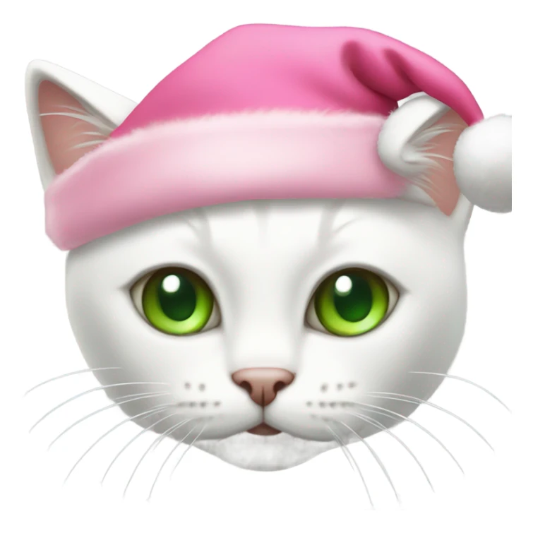 white cat with green eyes wearing pink santa hat sticker