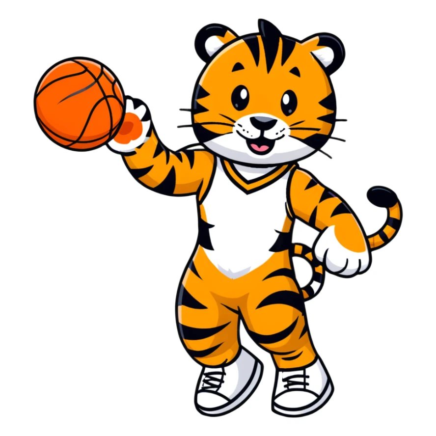 cartoon tiger playing basketball, vibrant colors sticker