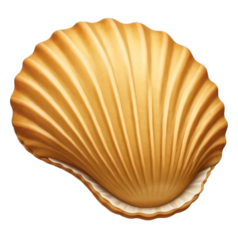 A madeleine pastry. Oval seashell shape with ONLY four to five vertical lines going in the same direction. Light golden brown. Scalloped edge. Cookie. Flat. Long. Oval shape. Lets scallops. Only four or five scalloped lines sticker