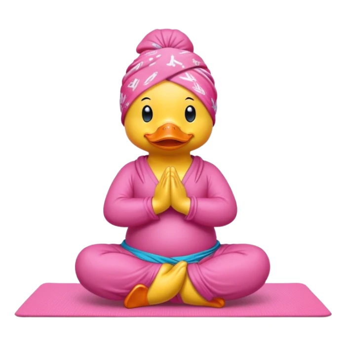 side view of yellow rubber duck with a pink bandana doing yoga while praying sticker