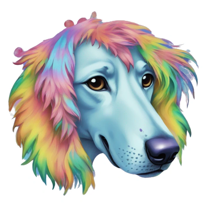 Multicolored rainbow retro groovy tie dye hippie trippy floral patterns on a metallic holographic iridescent blue dog face head unicorn sticker