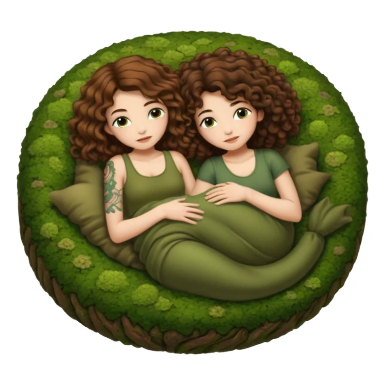 cozy moss bed — long wavy brown hair tattooed woman and short tight curly brown hair woman — curled together on moss pillow sleepy sticker