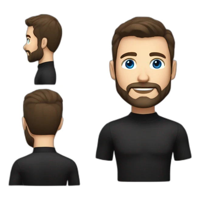 White man with a slight sun kissed tan, blue eyes and dark brown hair. He has a beard and mustache trimmed. Wears black clothing and wears his hair styled sideways backwards. sticker