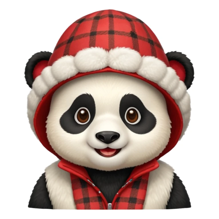 Photorealistic close-up of a cute, smiling panda wearing a red patterned winter trapper hat. Happy expression, cheerful vibe. Simple studio background. Detailed textures, sharp focus sticker