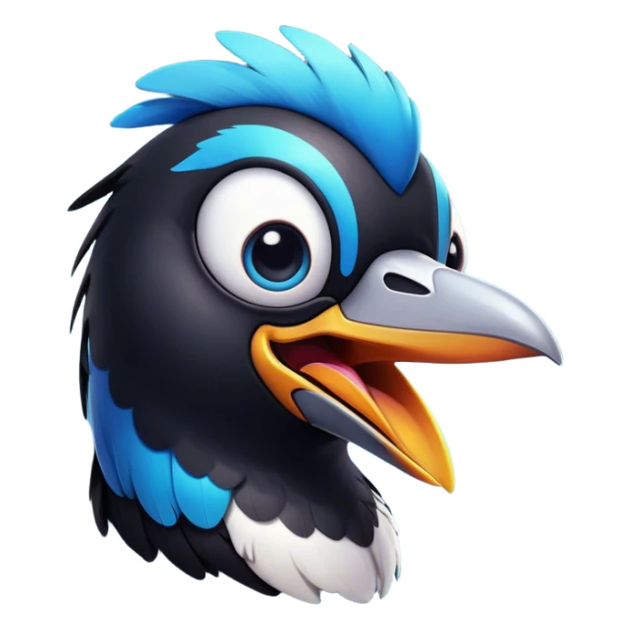 Cinematic Comical Magpie Portrait Emoji, Head tilted dramatically with an exaggeratedly shocked expression, featuring a vibrant, glossy form with wide, comically expressive eyes full of playful disbelief and a subtly animated beak, Simplified yet hilariously expressive features, highly detailed, glowing with a slightly sassy urban glow, high shine, dramatic yet playful, stylized with an air of cheeky mischief, soft glowing outline, capturing the essence of a meme-worthy magpie that looks ready to side-eye its way into viral fame! sticker