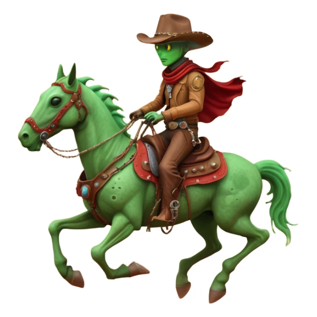 An alien cowboy riding a mechanical horse across a red Martian desert, two moons in the sky, dust storm swirling, wide cinematic shot, dramatic composition, hyper detailed, sci-fi western fusion sticker