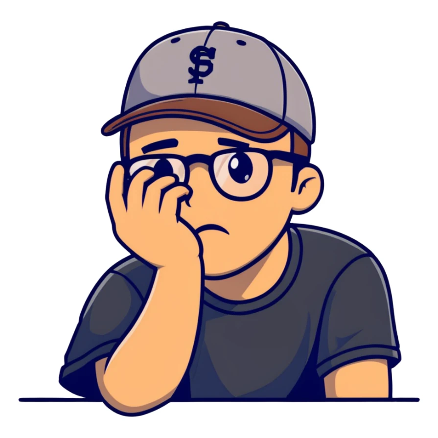 A man with a grey baseball cap, brown eyes,  and glasses, facepalm sticker