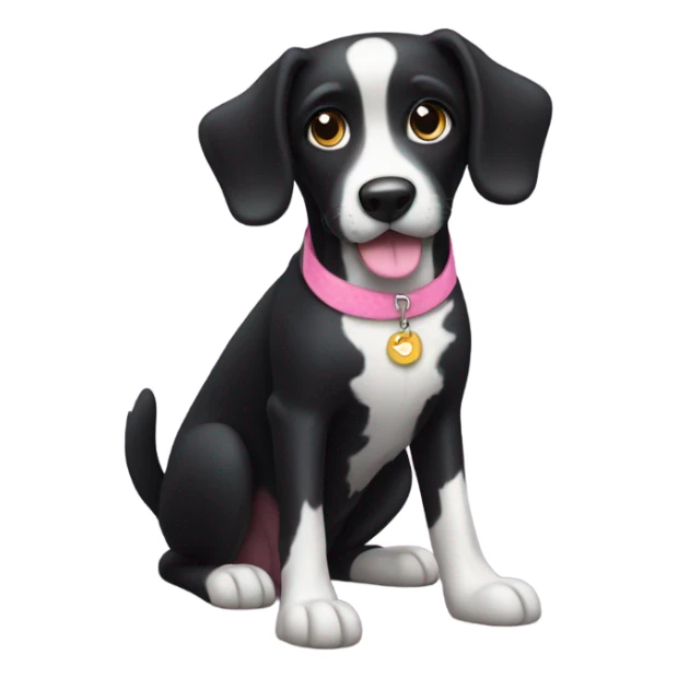 Black dog with white spotty legs and pink collar sitting sticker